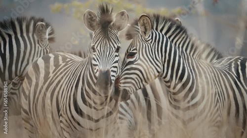 A tight group of zebras standing close together in tall grass in Zimbabwe, captured in telephoto slow motion, interacting with each other while some look directly at the camera