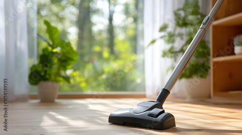 Wallpaper Mural Vacuum Cleaning on Hardwood Floor Near Window with Greenery on Background Torontodigital.ca