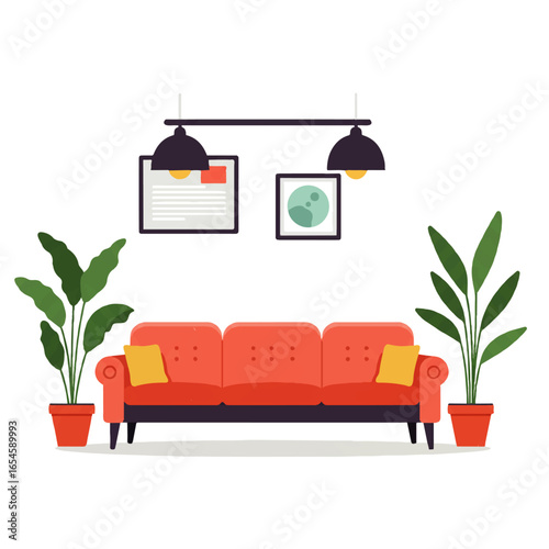 A cozy living room features a red sofa, flanked by potted plants, and illuminated by stylish pendant lights.