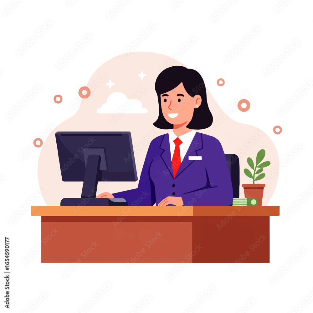 Fototapeta premium A smiling businesswoman in a purple suit works at her desk, using a computer.