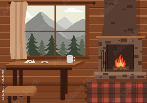 Cozy cabin interior with a warm fireplace, hot drink on a wooden table, and a scenic mountain and forest view from the window.