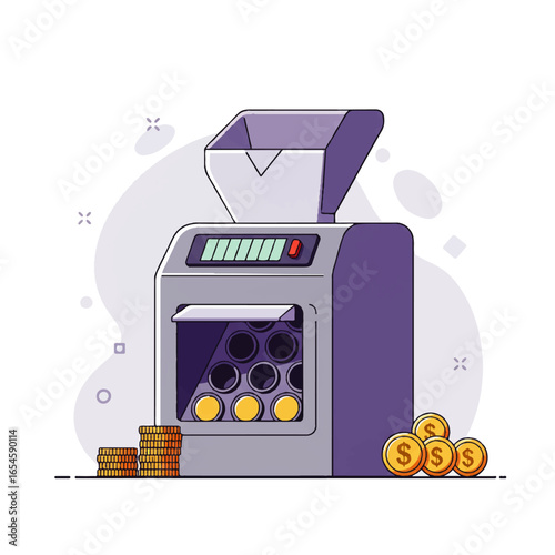 Automated coin counting machine efficiently sorting and processing stacks of gold coins.