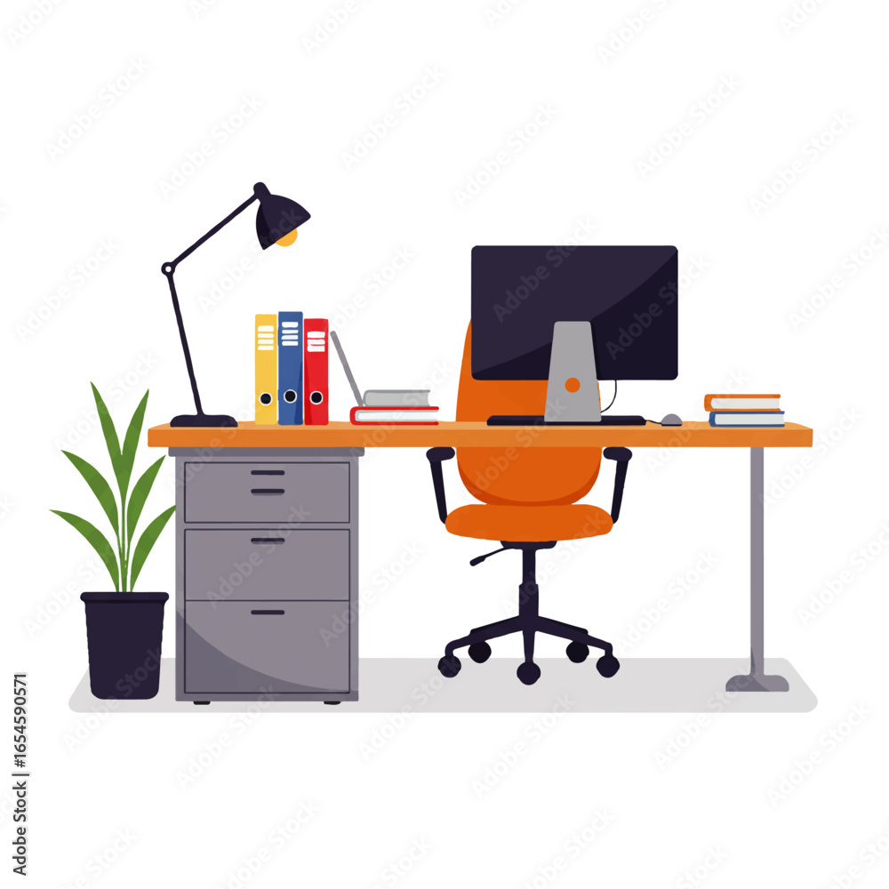 An illustration of a modern office desk setup with a computer, lamp, plant, and various office supplies. An illustration of a modern office desk setup with a computer, lamp, plant, and various office supplies.