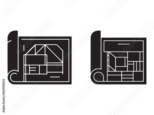 Simple black and white architectural blueprints of a house and storage plan.