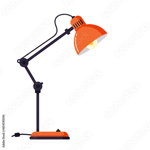 A stylized illustration of a modern, adjustable desk lamp with an orange shade.