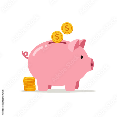 A pink piggy bank with gold coins being inserted, and a stack of coins beside it.