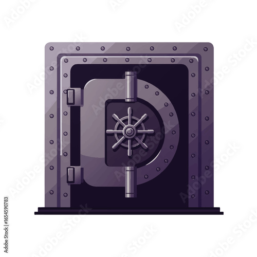 Illustration of a closed, heavy, metal vault door with a turning wheel and rivets.