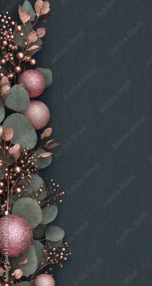 Naklejka premium Festive border of rose gold ornaments and eucalyptus on dark wood