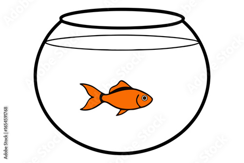 A golden goldfish swims in a glass fishbowl