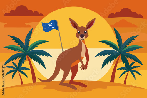 Cartoon kangaroo with australian flag on a desert island at sunset with palm trees