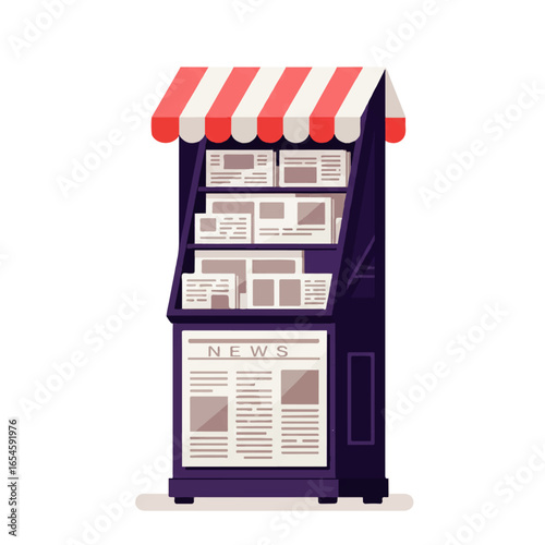 A newspaper stand with a red and white striped awning displays various newspapers.