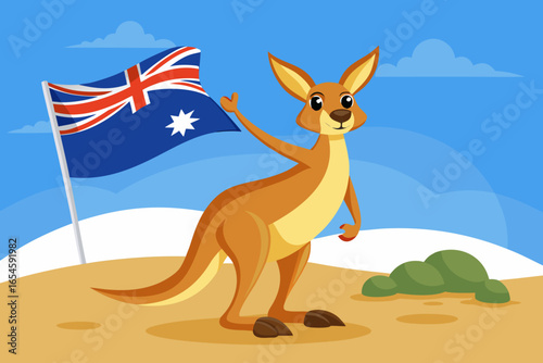 Cartoon kangaroo waving an australian flag in a desert landscape with blue sky and clouds
