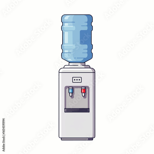 Isolated water cooler with blue bottle, red and blue taps, against a white background.