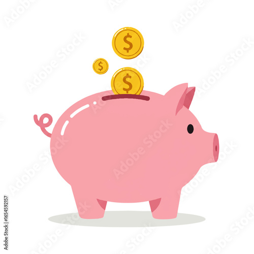 Pink piggy bank accumulating golden dollar coins.