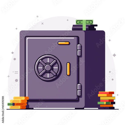 A sturdy steel safe, secured and overflowing with stacks of gold coins and cash.
