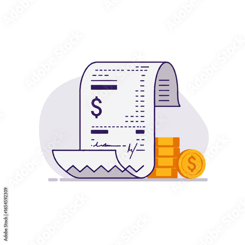 Illustration of a receipt with dollar sign and a stack of gold coins, representing finance and transactions.