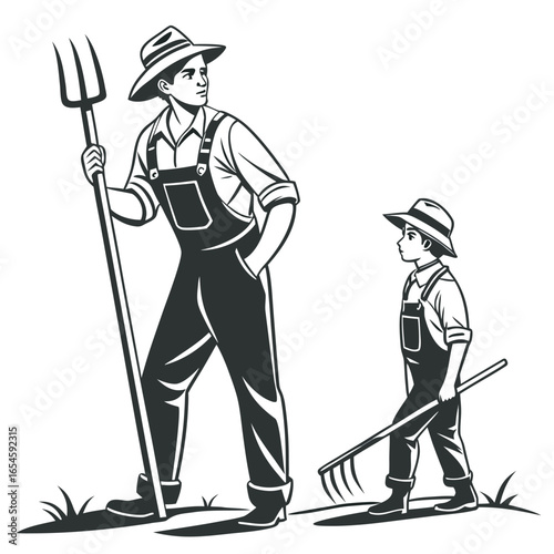 Father and son farmers working together black and white vector illustration
