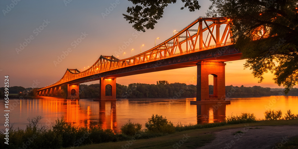 Fototapeta premium Old bridge glowing orange at dusk with sign reading Good Evening