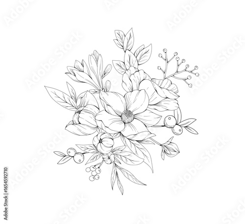 Botanic set of detailed various flowers and brunch. Luxury vintage floral collection for wedding invitation, wallpaper art or save the date card. Botanical vector illustration