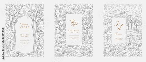 Set of frame illustrated with landscape and floral elements. Elegant collection of brochures for wedding invitation, wallpaper art or save the date card. Editable stroke