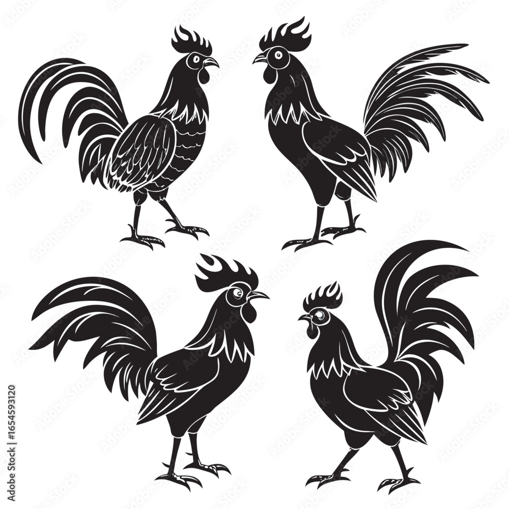 Fototapeta premium Set of black and white rooster silhouettes chicken bird vector illustration