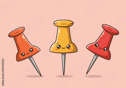 Cute push pins on a soft pink background - illustration of office and stationary items