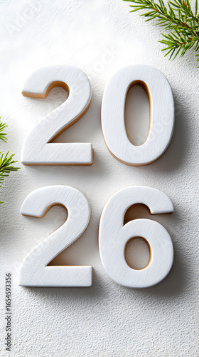 Decorative white wooden numbers 2026 arranged on a textured surface with green foliage, symbolizing the upcoming year and seasonal celebrations. Selective focus