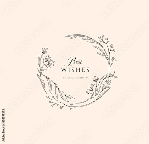Elegant calligraphic botanical wreath, floral frame and graceful branches. Wedding wildflowers for invitation save the date card. Botanical feminine rustic vector illustration
