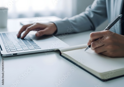 Person typing on a laptop and writing notes in a notebook at a desk