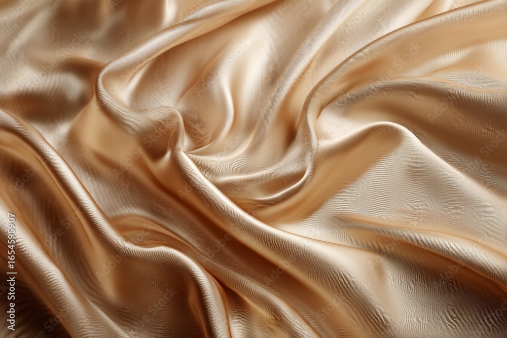 Fototapeta premium Soft, luxurious silk fabric is elegantly arranged with flowing drapes and gentle shadows, showcasing its rich texture and warm tones in high resolution