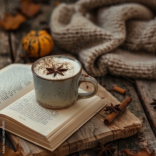an open book with a cup of chai latte topped with cinnamon, rustic wooden table, autumn aesthetic
