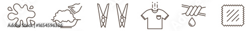 Laundry line icons set with editable stroke: hand wash, hand wringing, outdoor drying, fabric piece, clothespins, and stain. Minimal outline design perfect for washing, cleaning, and household themes