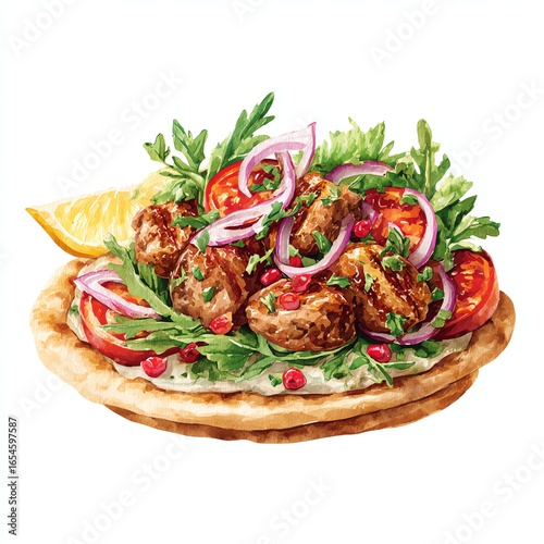 Grilled Meat Pita with Salad and Pomegranate Seeds