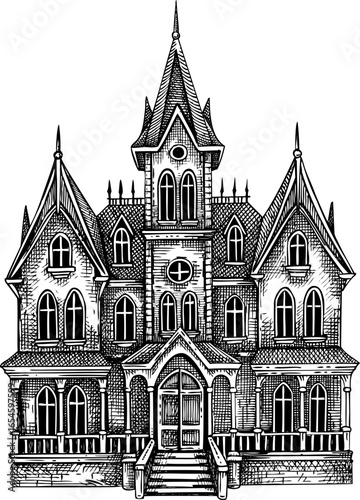 Witch house sketch. Gothic style Victorian mansion hand drawn vector illustration. Retro building architecture design. NOT AI generated