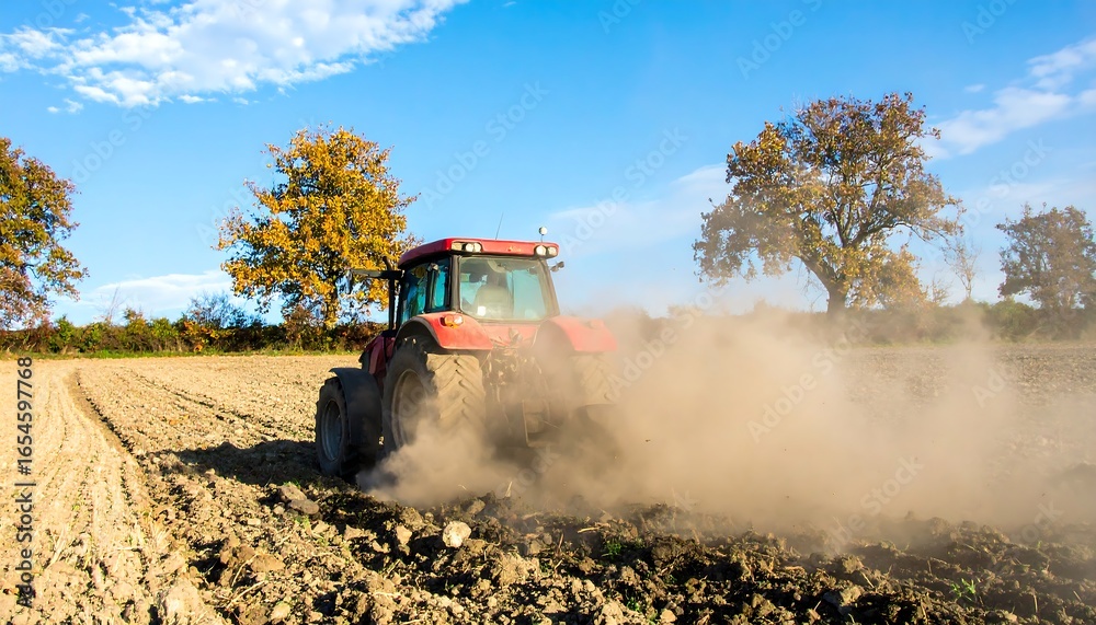 Fototapeta premium Tractor plowing a field on a sunny day