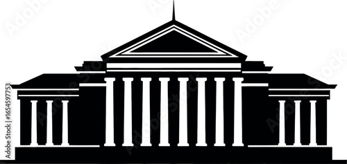 Vector art of black silhouette of a classical building with columns, representing government or education, isolated on white background transparent background