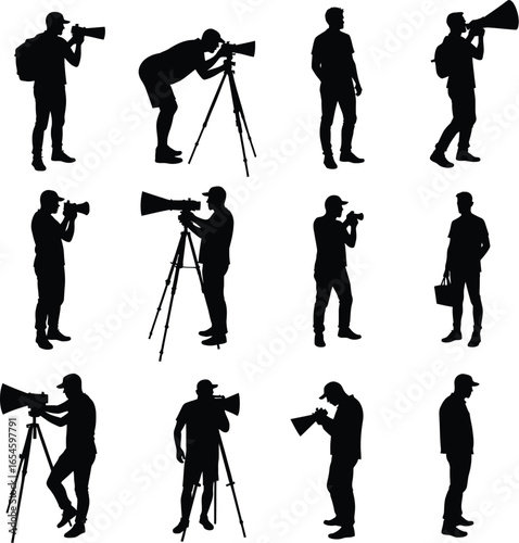 Twelve photographer silhouettes diverse camera equipment