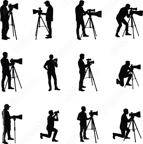 Photographers silhouettes using professional cameras on tripods