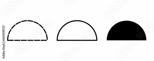 Minimalist half circle shape icon set with dashed outline, solid stroke, and filled version. Perfect for logo, symbol, infographic, decoration, and modern graphic element on isolated white background.
