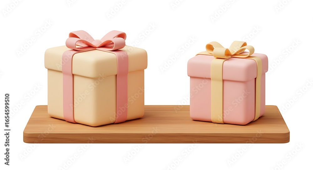 Obraz premium 3d cartoon illustration, pastel style gift parcel box with ribbon on wooden board, subject placed at the top with spacious copy space at the bottom for photo use. ,isolated on bright background