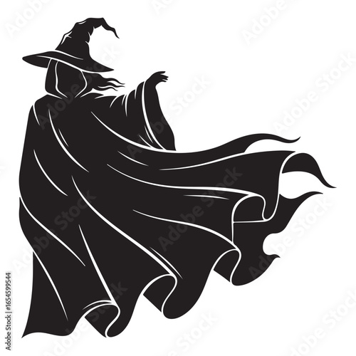 Silhouette of a wizard with a cloak and a pointed hat pose  