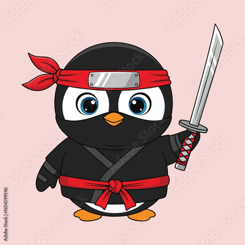 Cute penguin ninja cartoon vector icon illustration animal icon isolated flat vector