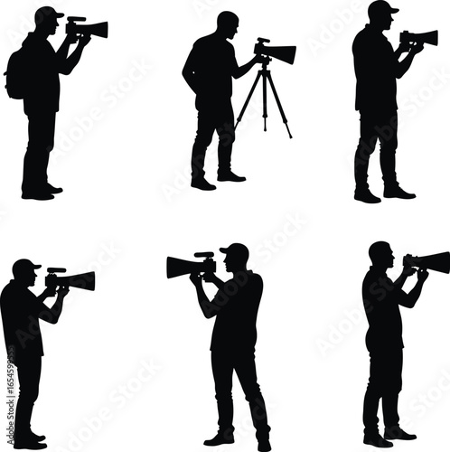 Six silhouettes of cameramen filming various scenes