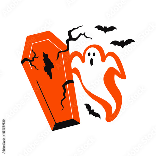 broken coffin lid with ghost escaping spooky Halloween vector art