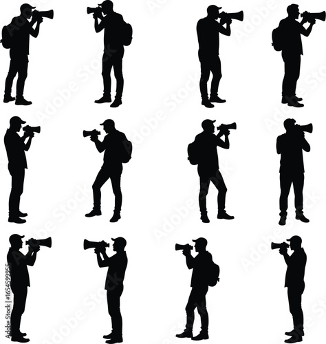 Twelve photographer silhouettes capturing moments