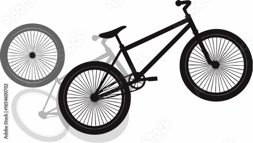 Silhouette of a bicycle with two wheels and a shadow casting on a white surface in the background
