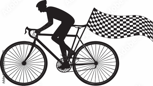 Silhouette of cyclist riding bicycle with checkered flag indicating race victory and achievement