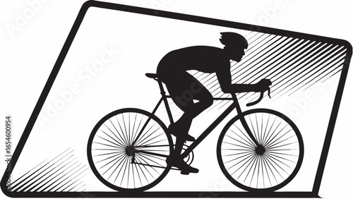 Silhouette of a cyclist riding a bicycle inside a parallelogram with a striped upper right corner area