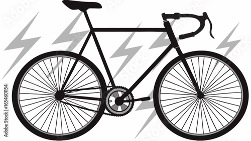 Illustration of a black road bicycle with drop handlebars and lightning bolts behind it