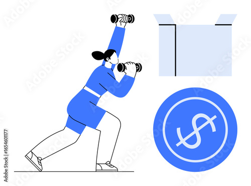 Woman lifting dumbbells in lunge position, dollar coin symbol representing financial investment, and open shipping box suggesting delivery or moving. Ideal for fitness, finance, e-commerce
